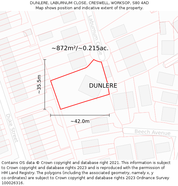 DUNLERE, LABURNUM CLOSE, CRESWELL, WORKSOP, S80 4AD: Plot and title map