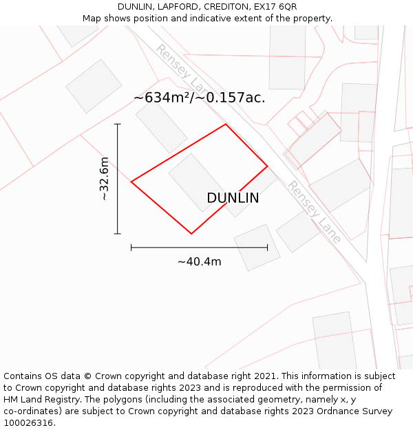 DUNLIN, LAPFORD, CREDITON, EX17 6QR: Plot and title map