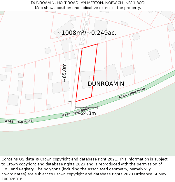 DUNROAMIN, HOLT ROAD, AYLMERTON, NORWICH, NR11 8QD: Plot and title map