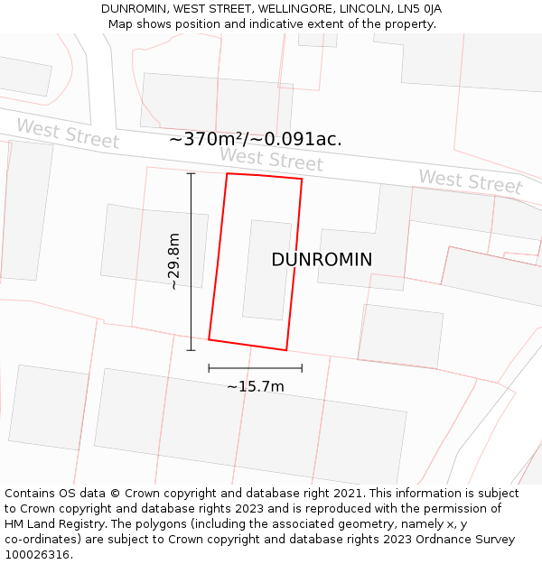 DUNROMIN, WEST STREET, WELLINGORE, LINCOLN, LN5 0JA: Plot and title map