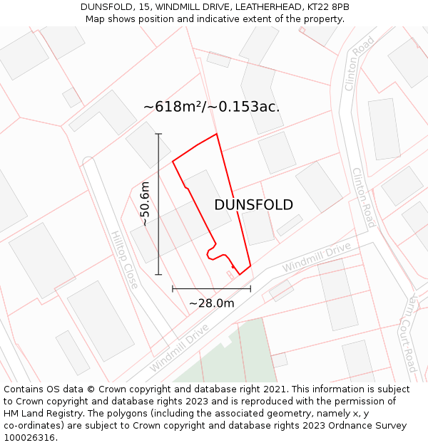 DUNSFOLD, 15, WINDMILL DRIVE, LEATHERHEAD, KT22 8PB: Plot and title map