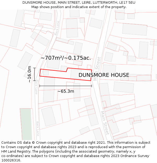 DUNSMORE HOUSE, MAIN STREET, LEIRE, LUTTERWORTH, LE17 5EU: Plot and title map