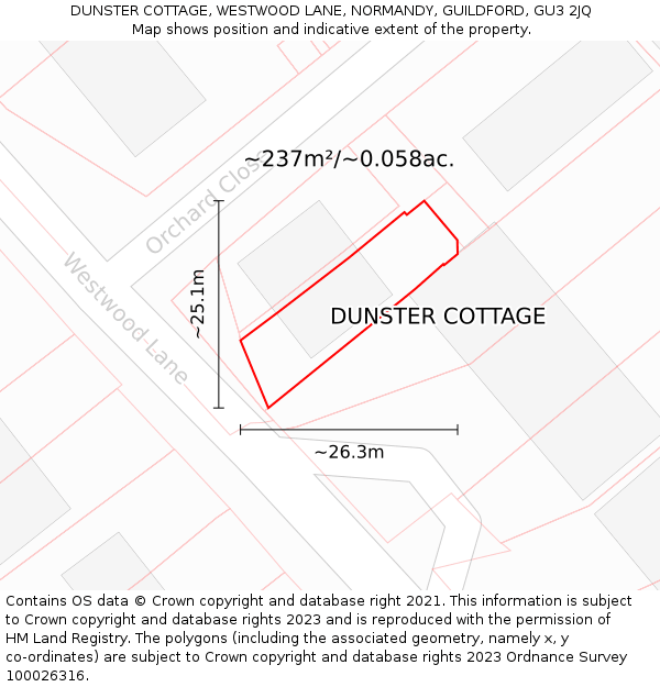 DUNSTER COTTAGE, WESTWOOD LANE, NORMANDY, GUILDFORD, GU3 2JQ: Plot and title map