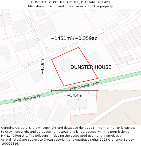 DUNSTER HOUSE, THE AVENUE, DURHAM, DH1 4DX: Plot and title map