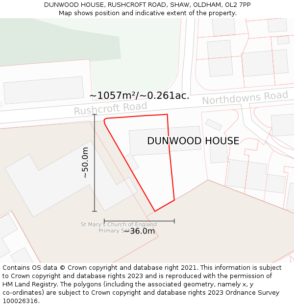 DUNWOOD HOUSE, RUSHCROFT ROAD, SHAW, OLDHAM, OL2 7PP: Plot and title map