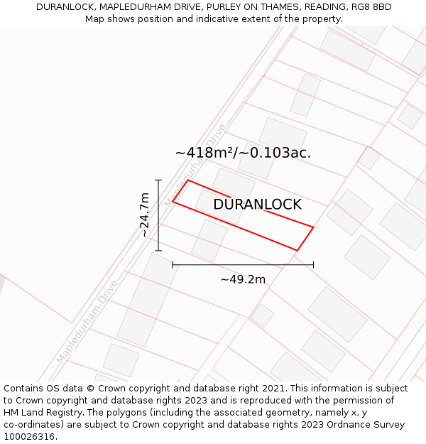 DURANLOCK, MAPLEDURHAM DRIVE, PURLEY ON THAMES, READING, RG8 8BD: Plot and title map