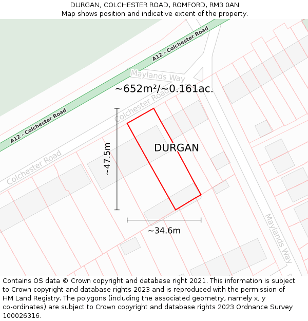 DURGAN, COLCHESTER ROAD, ROMFORD, RM3 0AN: Plot and title map