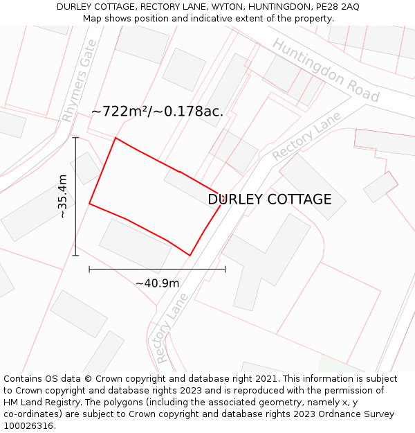 DURLEY COTTAGE, RECTORY LANE, WYTON, HUNTINGDON, PE28 2AQ: Plot and title map