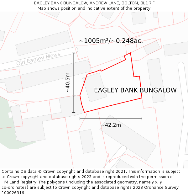 EAGLEY BANK BUNGALOW, ANDREW LANE, BOLTON, BL1 7JF: Plot and title map