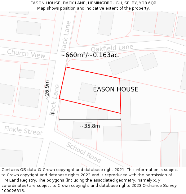 EASON HOUSE, BACK LANE, HEMINGBROUGH, SELBY, YO8 6QP: Plot and title map