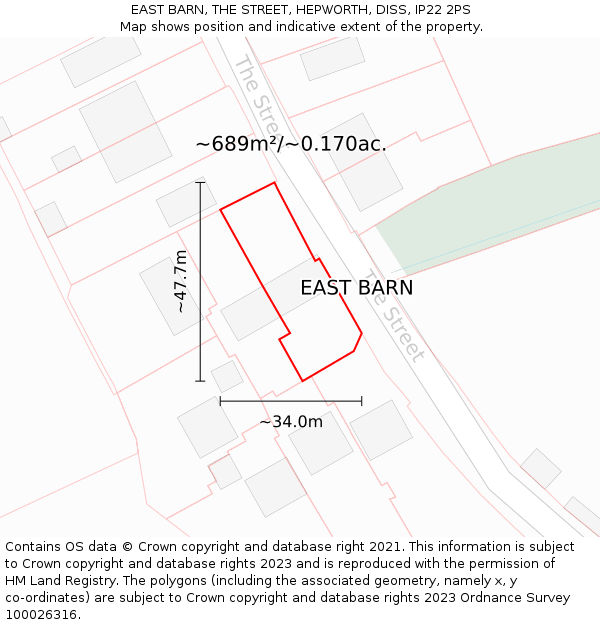 EAST BARN, THE STREET, HEPWORTH, DISS, IP22 2PS: Plot and title map