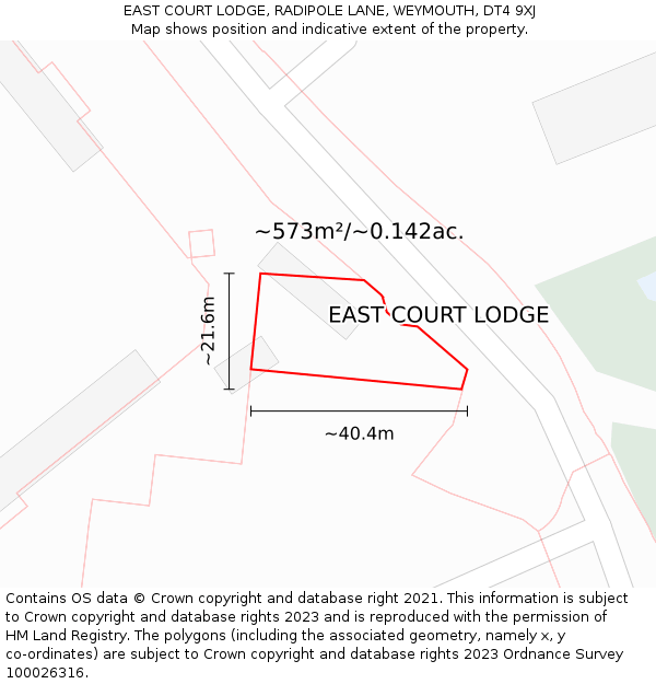 EAST COURT LODGE, RADIPOLE LANE, WEYMOUTH, DT4 9XJ: Plot and title map