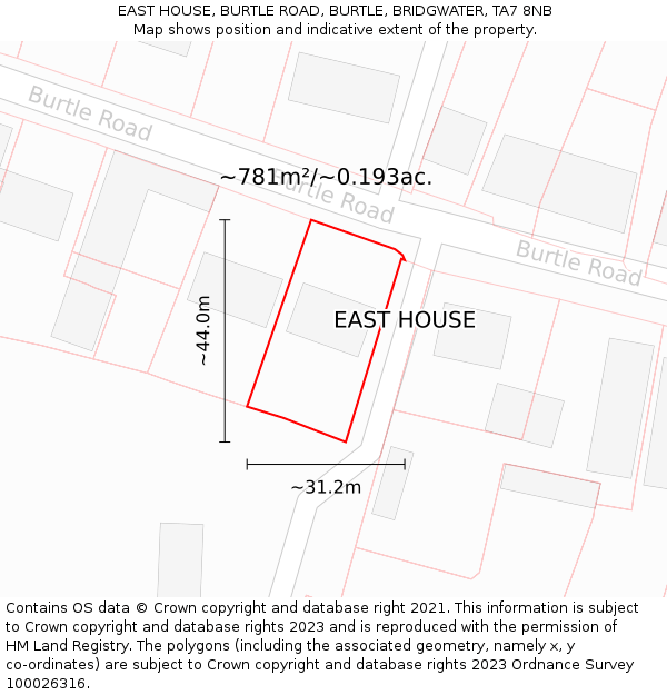 EAST HOUSE, BURTLE ROAD, BURTLE, BRIDGWATER, TA7 8NB: Plot and title map