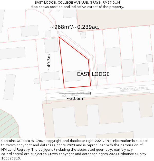 EAST LODGE, COLLEGE AVENUE, GRAYS, RM17 5UN: Plot and title map