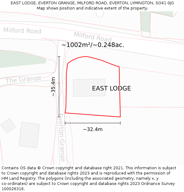 EAST LODGE, EVERTON GRANGE, MILFORD ROAD, EVERTON, LYMINGTON, SO41 0JG: Plot and title map