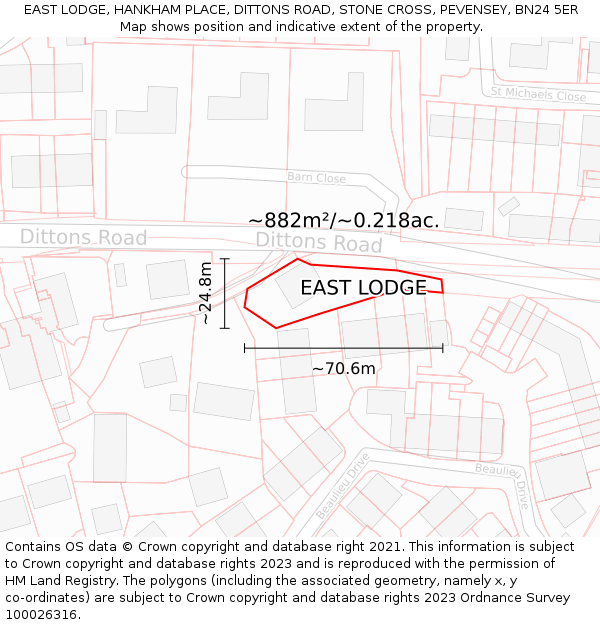 EAST LODGE, HANKHAM PLACE, DITTONS ROAD, STONE CROSS, PEVENSEY, BN24 5ER: Plot and title map