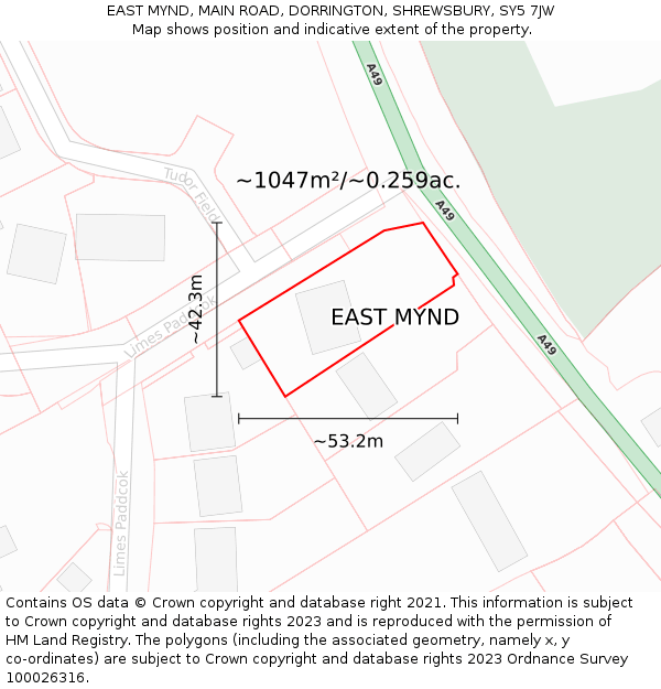 EAST MYND, MAIN ROAD, DORRINGTON, SHREWSBURY, SY5 7JW: Plot and title map