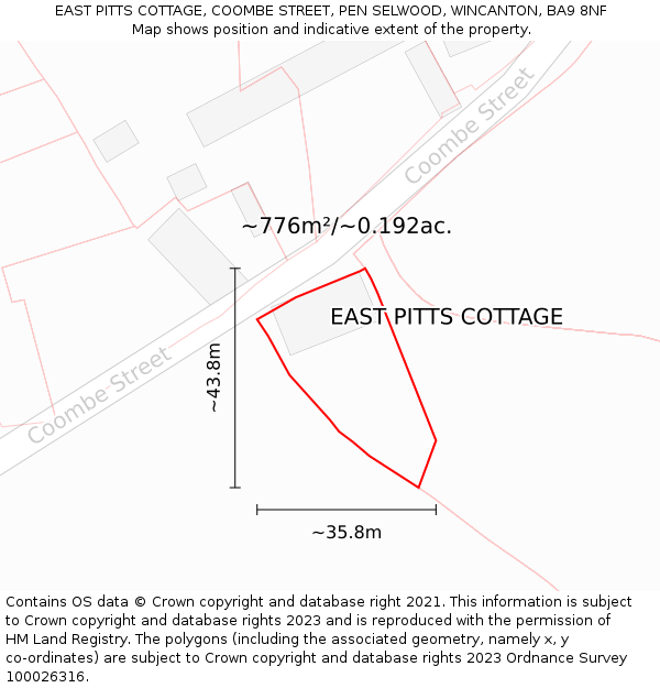 EAST PITTS COTTAGE, COOMBE STREET, PEN SELWOOD, WINCANTON, BA9 8NF: Plot and title map