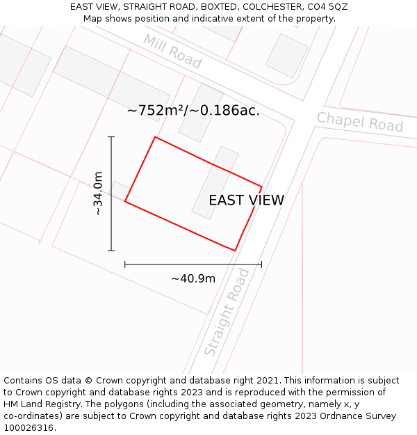 EAST VIEW, STRAIGHT ROAD, BOXTED, COLCHESTER, CO4 5QZ: Plot and title map