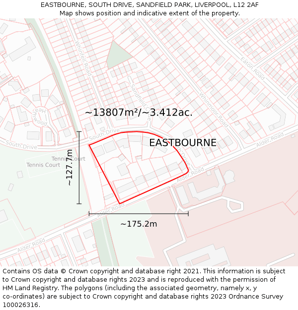 EASTBOURNE, SOUTH DRIVE, SANDFIELD PARK, LIVERPOOL, L12 2AF: Plot and title map