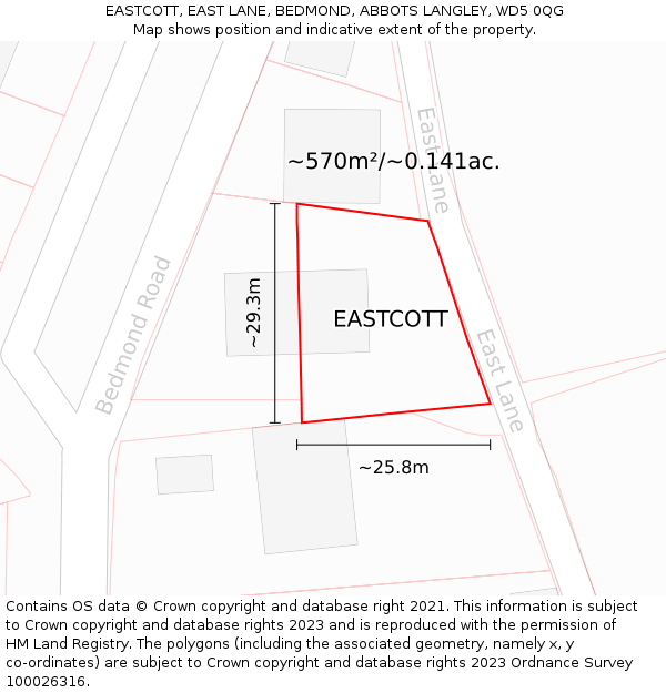 EASTCOTT, EAST LANE, BEDMOND, ABBOTS LANGLEY, WD5 0QG: Plot and title map