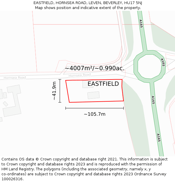 EASTFIELD, HORNSEA ROAD, LEVEN, BEVERLEY, HU17 5NJ: Plot and title map