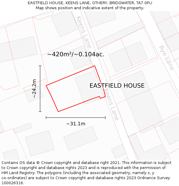 EASTFIELD HOUSE, KEENS LANE, OTHERY, BRIDGWATER, TA7 0PU: Plot and title map