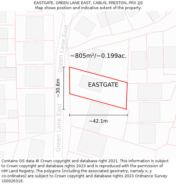 EASTGATE, GREEN LANE EAST, CABUS, PRESTON, PR3 1JS: Plot and title map