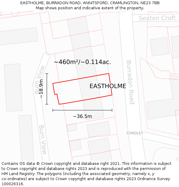 EASTHOLME, BURRADON ROAD, ANNITSFORD, CRAMLINGTON, NE23 7BB: Plot and title map