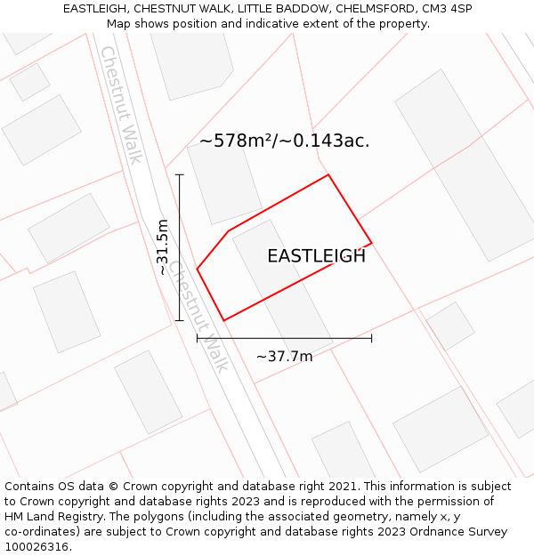 EASTLEIGH, CHESTNUT WALK, LITTLE BADDOW, CHELMSFORD, CM3 4SP: Plot and title map