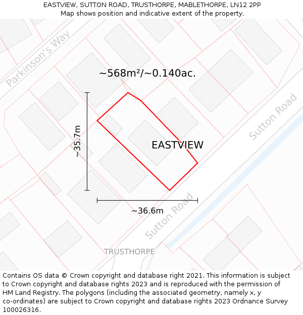 EASTVIEW, SUTTON ROAD, TRUSTHORPE, MABLETHORPE, LN12 2PP: Plot and title map