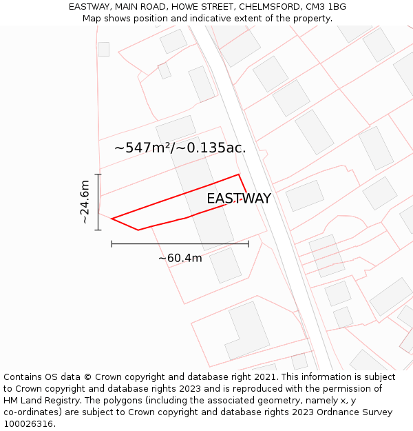 EASTWAY, MAIN ROAD, HOWE STREET, CHELMSFORD, CM3 1BG: Plot and title map