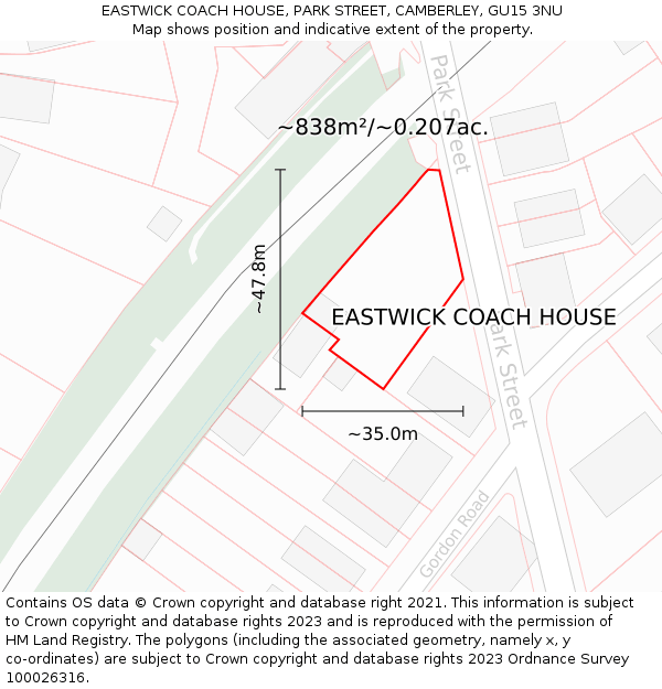 EASTWICK COACH HOUSE, PARK STREET, CAMBERLEY, GU15 3NU: Plot and title map