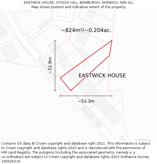 EASTWICK HOUSE, STOCKS HILL, BAWBURGH, NORWICH, NR9 3LL: Plot and title map