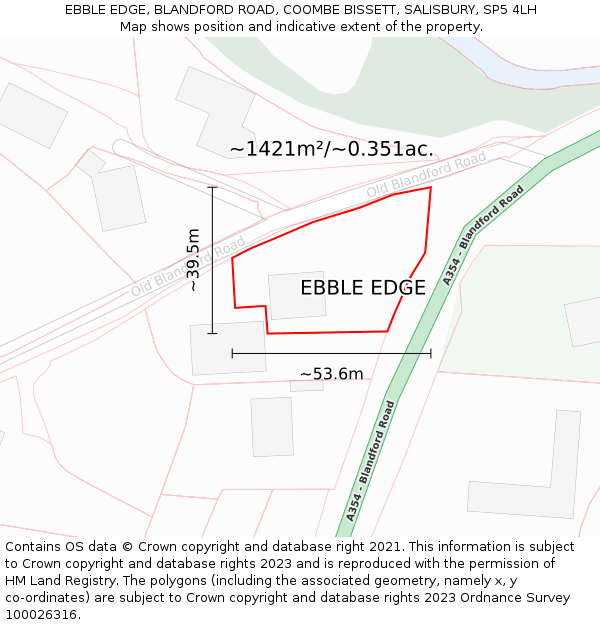 EBBLE EDGE, BLANDFORD ROAD, COOMBE BISSETT, SALISBURY, SP5 4LH: Plot and title map