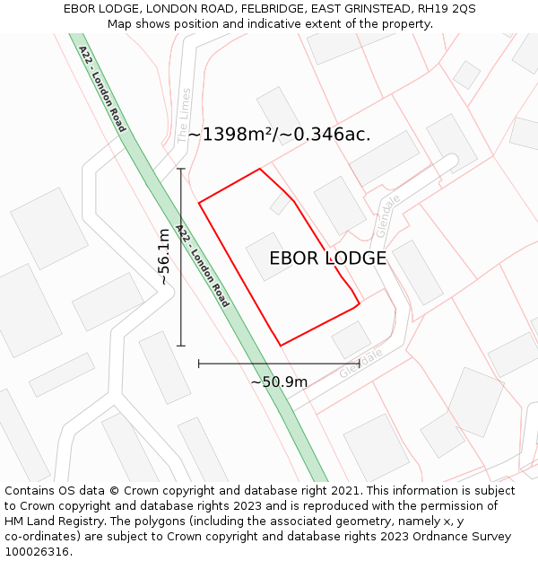 EBOR LODGE, LONDON ROAD, FELBRIDGE, EAST GRINSTEAD, RH19 2QS: Plot and title map