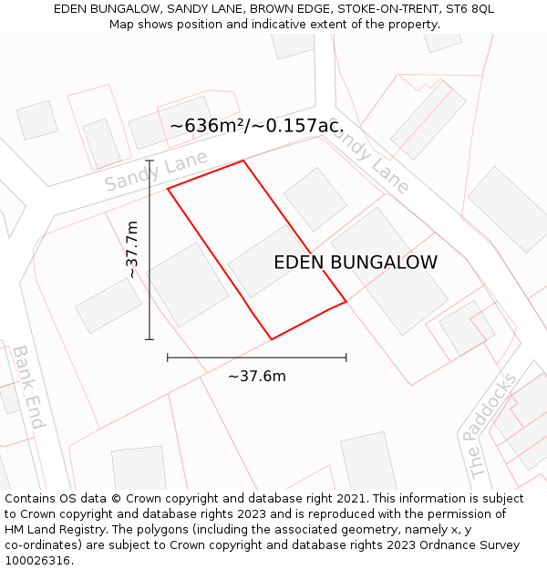 EDEN BUNGALOW, SANDY LANE, BROWN EDGE, STOKE-ON-TRENT, ST6 8QL: Plot and title map