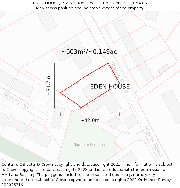 EDEN HOUSE, PLAINS ROAD, WETHERAL, CARLISLE, CA4 8JY: Plot and title map