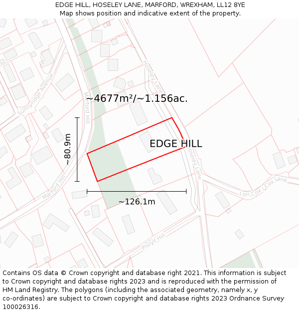 EDGE HILL, HOSELEY LANE, MARFORD, WREXHAM, LL12 8YE: Plot and title map