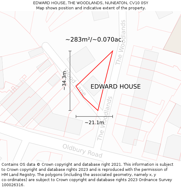 EDWARD HOUSE, THE WOODLANDS, NUNEATON, CV10 0SY: Plot and title map