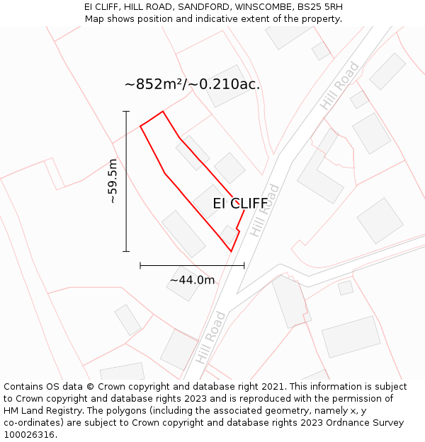 EI CLIFF, HILL ROAD, SANDFORD, WINSCOMBE, BS25 5RH: Plot and title map