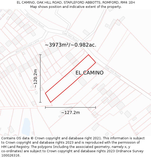 EL CAMINO, OAK HILL ROAD, STAPLEFORD ABBOTTS, ROMFORD, RM4 1EH: Plot and title map