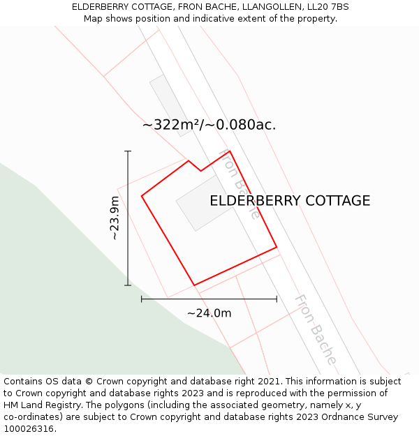 ELDERBERRY COTTAGE, FRON BACHE, LLANGOLLEN, LL20 7BS: Plot and title map