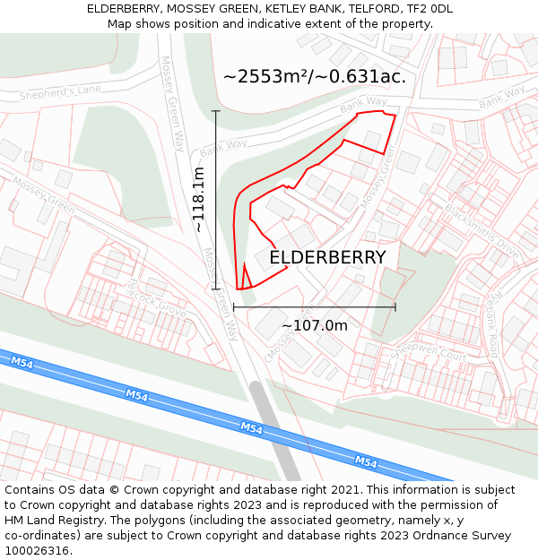 ELDERBERRY, MOSSEY GREEN, KETLEY BANK, TELFORD, TF2 0DL: Plot and title map