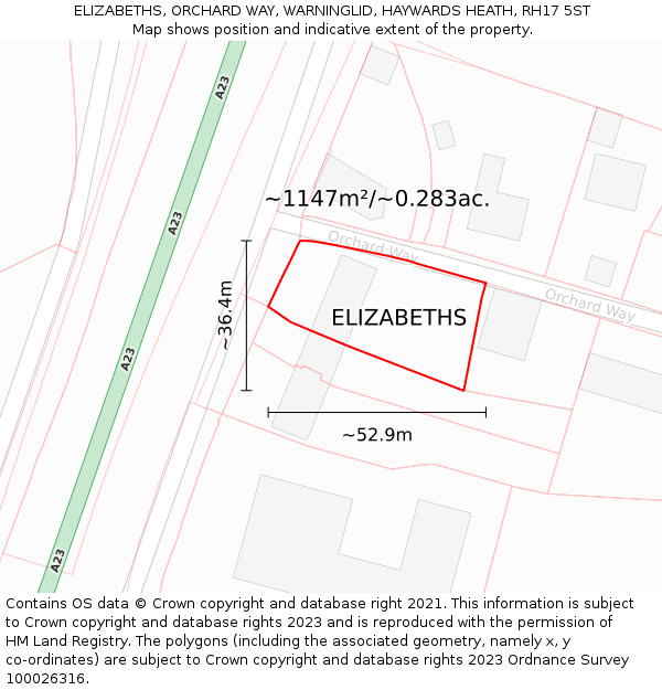 ELIZABETHS, ORCHARD WAY, WARNINGLID, HAYWARDS HEATH, RH17 5ST: Plot and title map