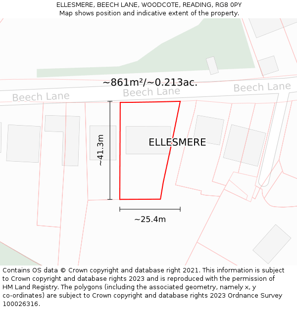 ELLESMERE, BEECH LANE, WOODCOTE, READING, RG8 0PY: Plot and title map