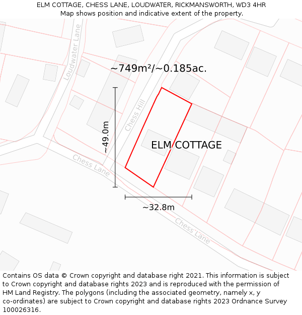 ELM COTTAGE, CHESS LANE, LOUDWATER, RICKMANSWORTH, WD3 4HR: Plot and title map