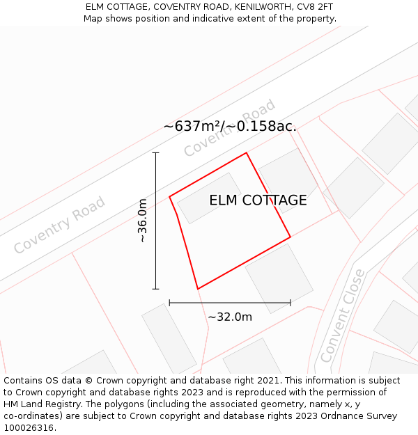 ELM COTTAGE, COVENTRY ROAD, KENILWORTH, CV8 2FT: Plot and title map