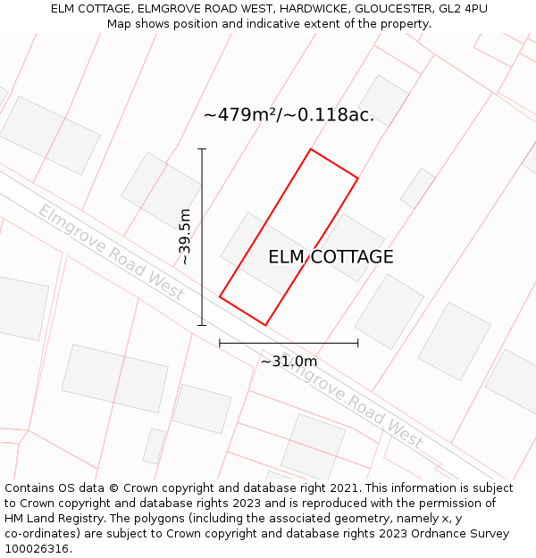 ELM COTTAGE, ELMGROVE ROAD WEST, HARDWICKE, GLOUCESTER, GL2 4PU: Plot and title map