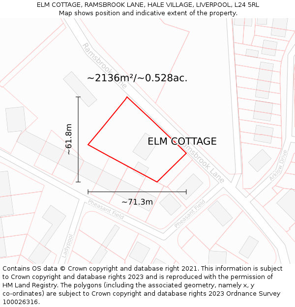 ELM COTTAGE, RAMSBROOK LANE, HALE VILLAGE, LIVERPOOL, L24 5RL: Plot and title map